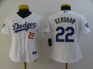 Woman Nike Los Angeles Dodgers #22 Clayton Kershaw 2021 Gold Program Jersey White/Gold with Red Number