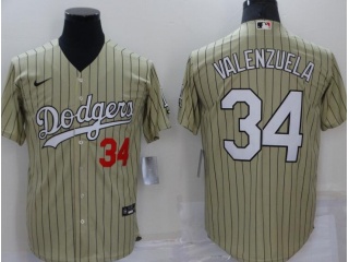 Nike Los Angeles Dodgers #34 Fernando Valenzuela Pinstrip Cool Base Jersey Tan 