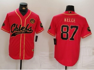 Kansas City Chiefs #87 Travis Kelce With Golden Name Baseball Jersey Red