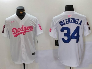 Los Angeles Dodgers #34 Fernando Valenzuela with Pink/Blue Number Jersey White