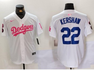 Los Angeles Dodgers #22 Clayton Kershaw with Pink/Blue Number Jersey White