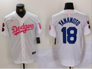 Los Angeles Dodgers #18 Yoshinobu Yamamoto with Pink/Blue Number Jersey White