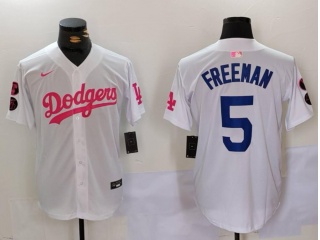 Los Angeles Dodgers #5 Freddie Freeman with Pink/Blue Number Jersey White