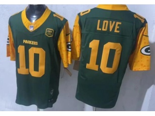 Green Bay Packers #10 Jordan Love  With Yellow Sleeves F.U.S.E  Jersey Green