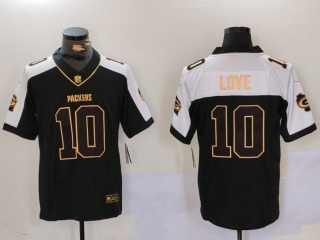 Green Bay Packers #10 Jordan Love with White Shoulder Limited Jersey Black Golden