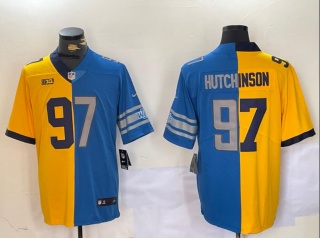 Detroit Lions/Michigan Wolverines #97 Aidan Hutchinson Split Jersey Blue/Yellow