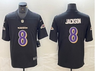 Baltimore Ravens #8 Lamar Jackson with Purple Number Fashion Jersey Black