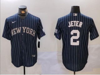 New York Yankees #2 Derek Jeter Pinstripes Jersey Navy Blue