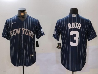 New York Yankees #3 Babe Ruth Pinstripes Jersey Navy Blue