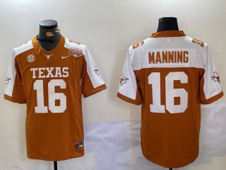 Texas Longhorns #16 Arch Manning with White Shoulder 100th Patch F.U.S.E Limited Jersey Orange