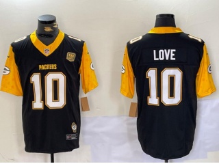 Green Bay Packers #10 Jordan Love With Yellow Sleeves F.U.S.E  Jersey Black