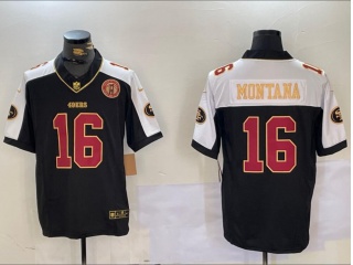 San Francisco 49ers #16 Joe Montana with White Shoulders Jersey Black