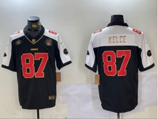 Kansas City Chiefs #87 Travis Kelce with White Shoulders Golden Name Jersey Black