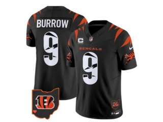 Cincinnati Bengals #9 Joe Burrow Fashion w/ Home Patch and C Patch Jersey Black